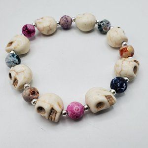 GENUINE NATURAL WHITE HOWLITE and CANDY JASPER BEAD STRETCH BRACELET